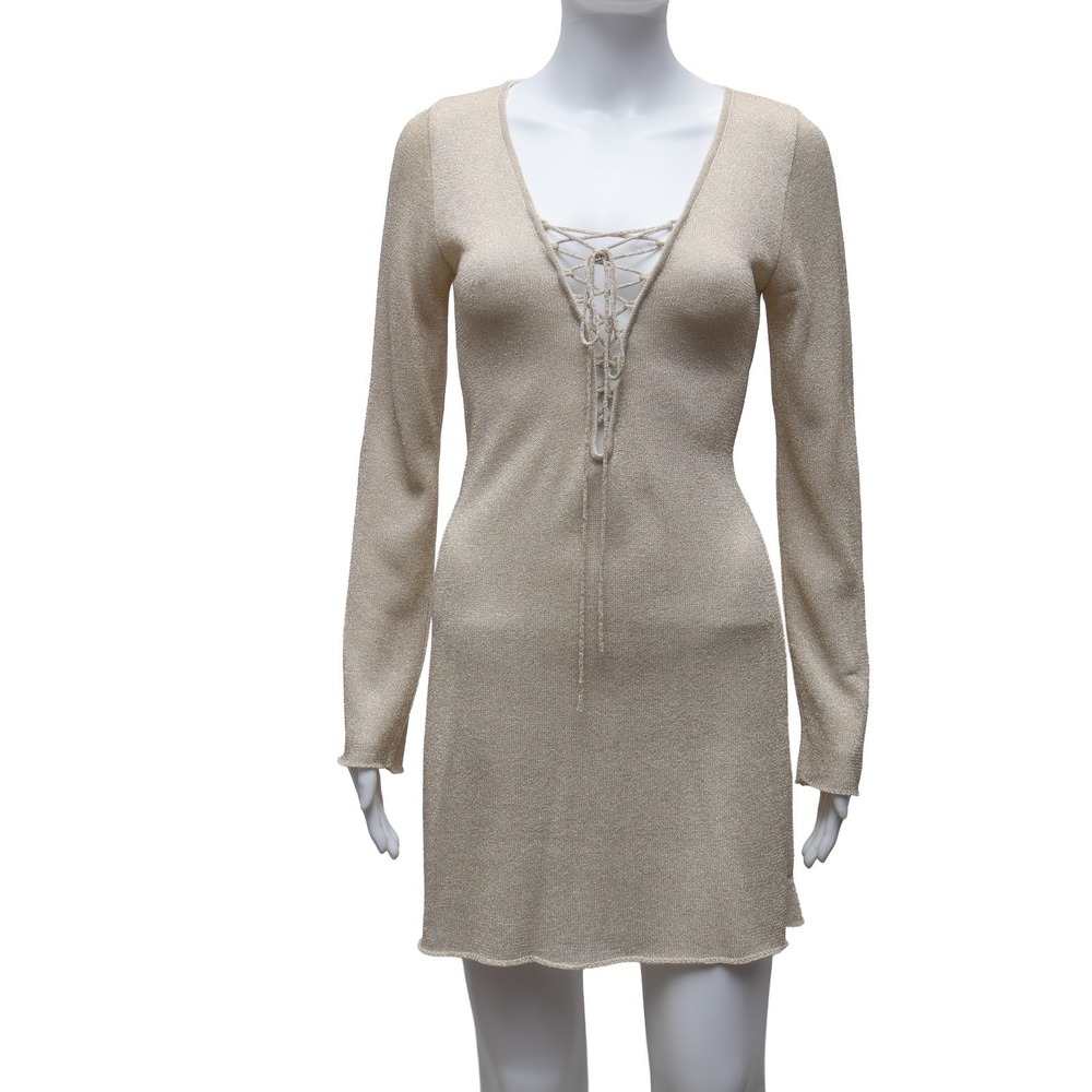 VIX Metallic Knit‎ Lace-Up Mini Dress Gold Shimmer Size M